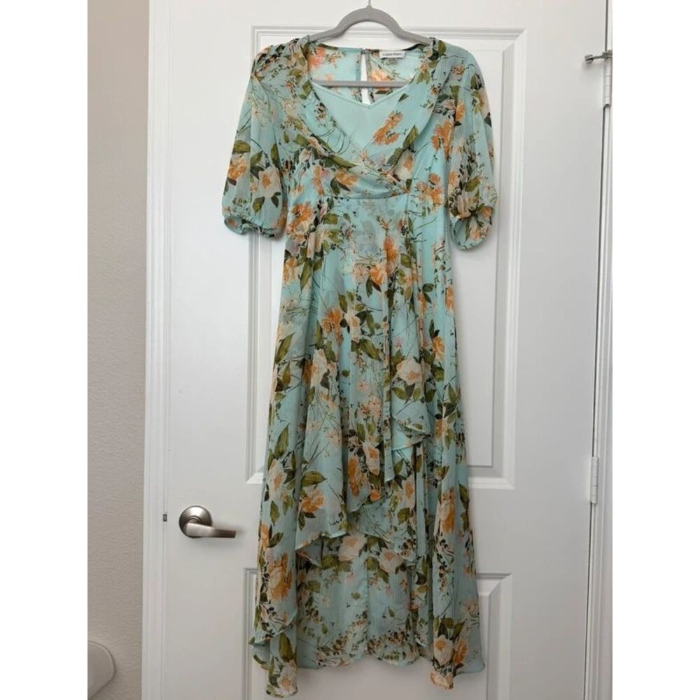 Calvin Klein Floral High-Low wedding guest dress